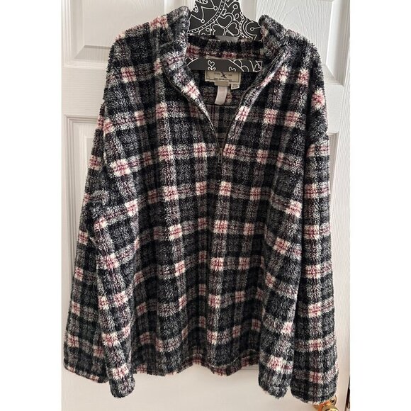 Eddie Bauer Vintage 3/4 Quarter Zip Plaid Fuzzy Pullover Mens Size XL